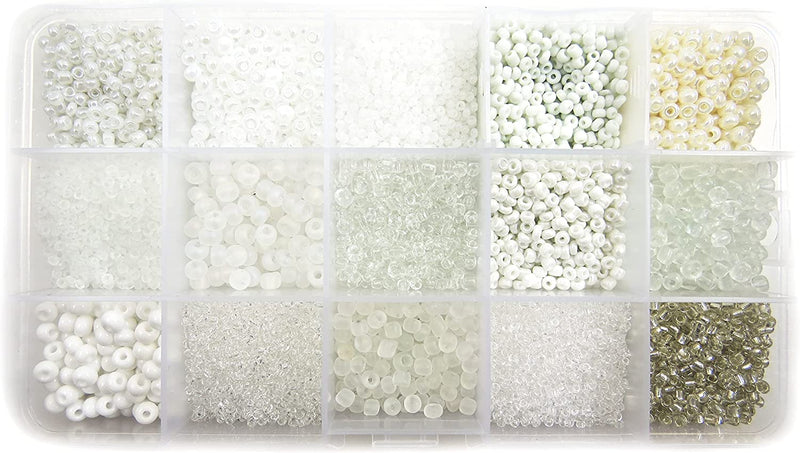 Perles de Rocaille Boîte Collection Blanc, Format no4 à 10, 15 Couleurs Assorties