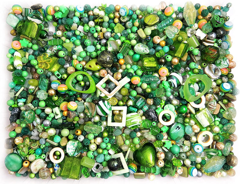 1kg Billes en vrac variées, verres, bois, acrylique, cristal,... Formats assortis, Mix Verts