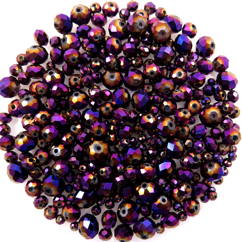 300 pcs Rondelles de Cristal Facettées, Mix de 4 formats, couleur Violet métallique