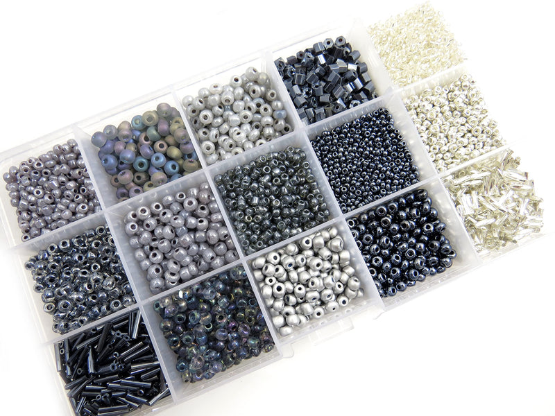 Perles de rocaille Boîte Collection Gris no4 à 10, 15 couleurs assorties