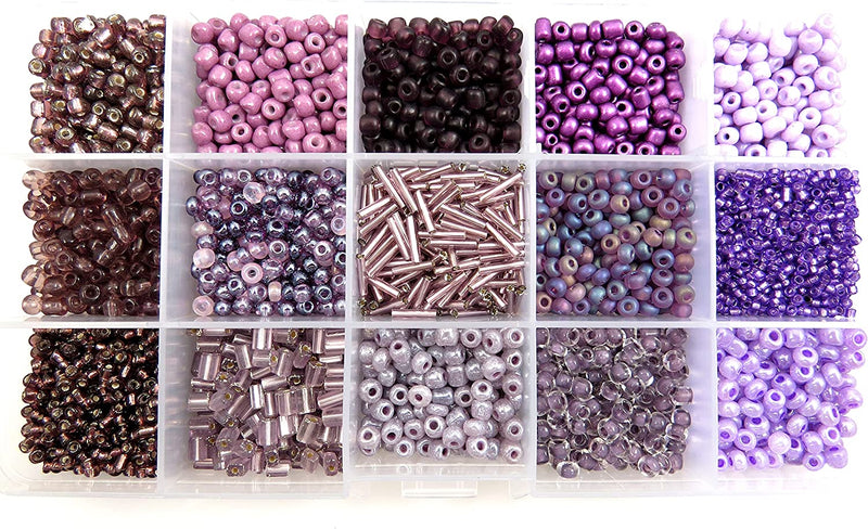 Perles de Rocaille Boîte Collection Mauve, Format no4 à 10, 15 Couleurs Assorties