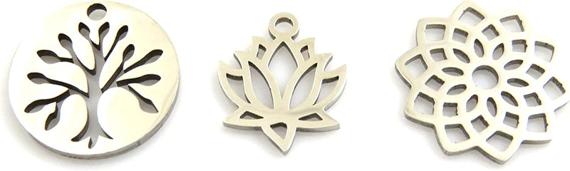 30 pcs Stainless Steel Lotus-Tree-of-Life-Indian Rose Assorted Charms, 10 pieces per pattern