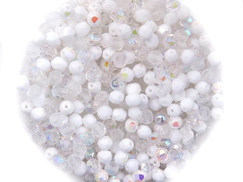 400pcs Czech Fire Polish 6mm beads Crystal faceted, Mix of 4 colors shades of White