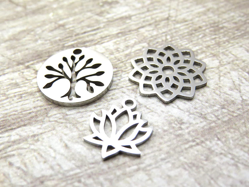 30 pcs Stainless Steel Lotus-Tree-of-Life-Indian Rose Assorted Charms, 10 pieces per pattern