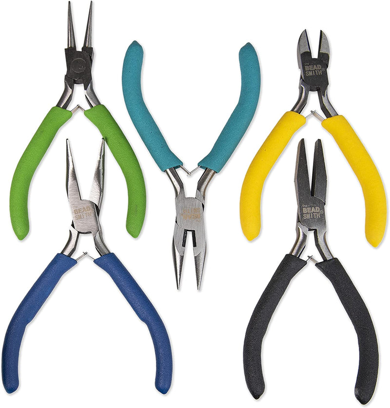The Beadsmith -ID Pliers - Color Coded Set - 5 Inch, 5 Piece Kit: Square, Cutting, Round, Curved and Side Cutter - Jewelry Making Tools