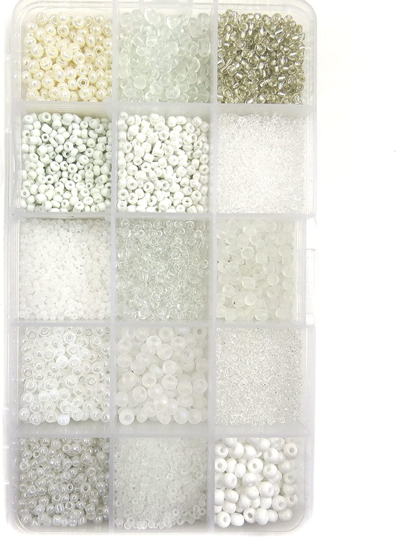 Rocaille Beads White Collection Box, Size #4 to 10, 15 Assorted Colors