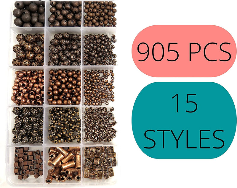 905 pcs Box Collection beads of metal Antique Copper color, 15 Styles