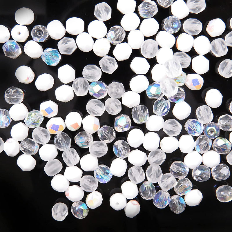 400pcs Czech Fire Polish 6mm beads Crystal faceted, Mix of 4 colors shades of White