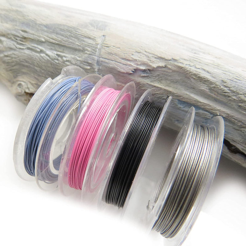 40m Tigertail 7 brins d'acier recouverts de nylon 0.018"/0.45mm, 4 couleurs 10m chacune Noir-Argent-Lavander-Neon Rose