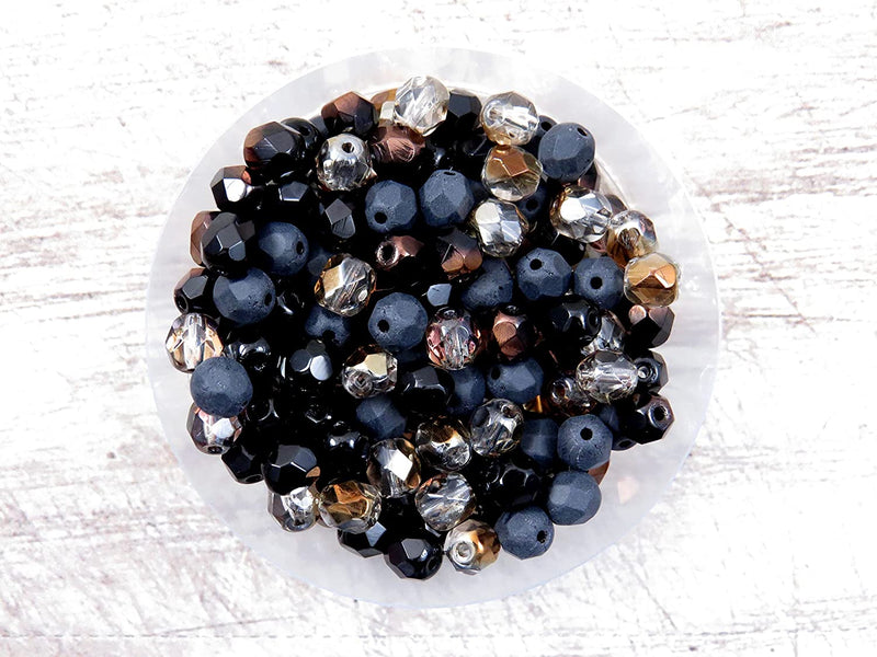 400pcs Czech Fire Polish 6mm beads Crystal faceted, Mix of 4 colors shades of Black