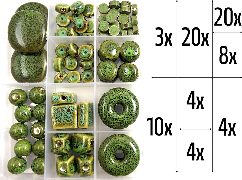 73pcs beads of Antique Ceramic Glaze Porcelain with storage box, 8 styles Size from 6 to 30mm, Green Collection