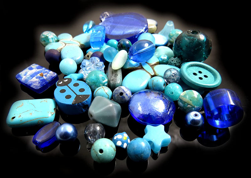 1kg Billes en vrac variées, verres, bois, acrylique, cristal,... Formats assortis, Mix Bleus/Turquoises