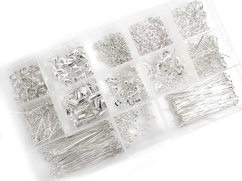 Box Collection of components, silver plated white color, 805 pieces in 13 different styles, everything needed for jewelry making