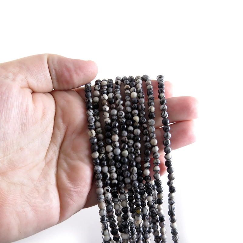 170 beads Black Silk Stone Semi-precious 4mm round (Black Silk Stone 4mm 2 strings-170 beads)