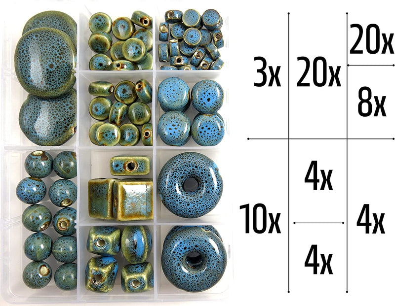 73pcs beads of Antique Ceramic Glaze Porcelain with storage box, 8 styles Size from 6 to 30mm, Blue Collection