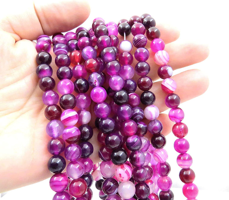 Agate Lace Fuschia Semi-precious stones 8mm round, 45 beads/15" rope (Fuchsia Agate Lace 2 ropes-90 beads)