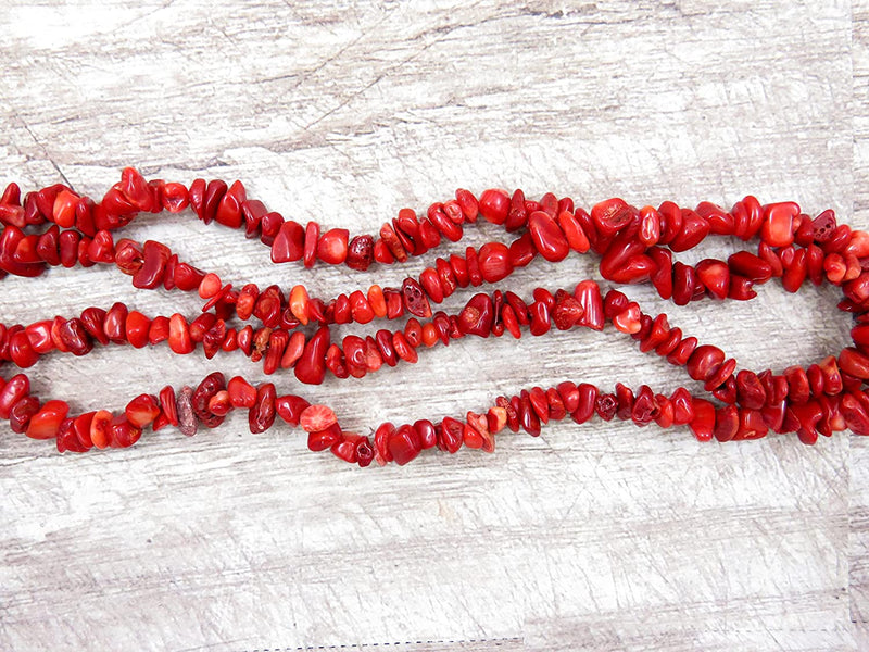 Rouge Corail Chips Pierre semi-précieuse, 2 cordes 32" chacune, billes irrégulières format 4 à 7mm