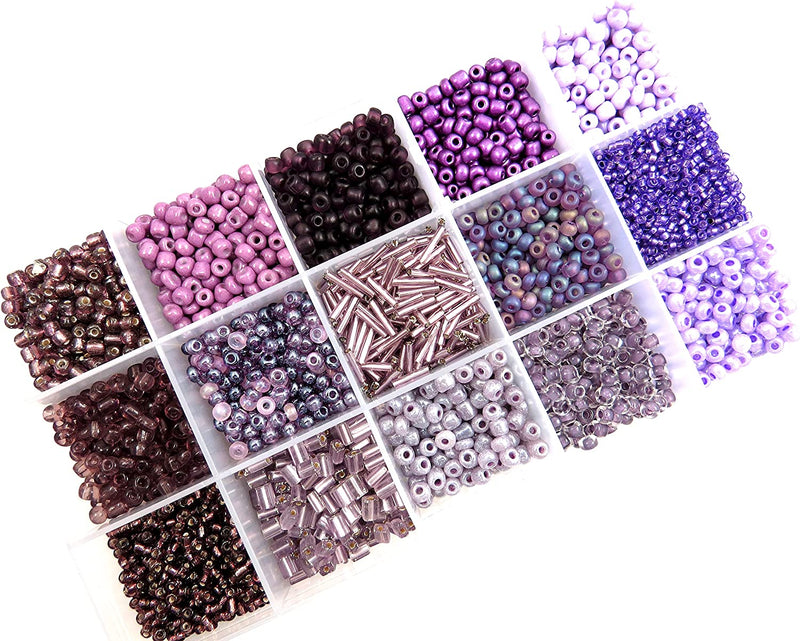 Perles de Rocaille Boîte Collection Mauve, Format no4 à 10, 15 Couleurs Assorties