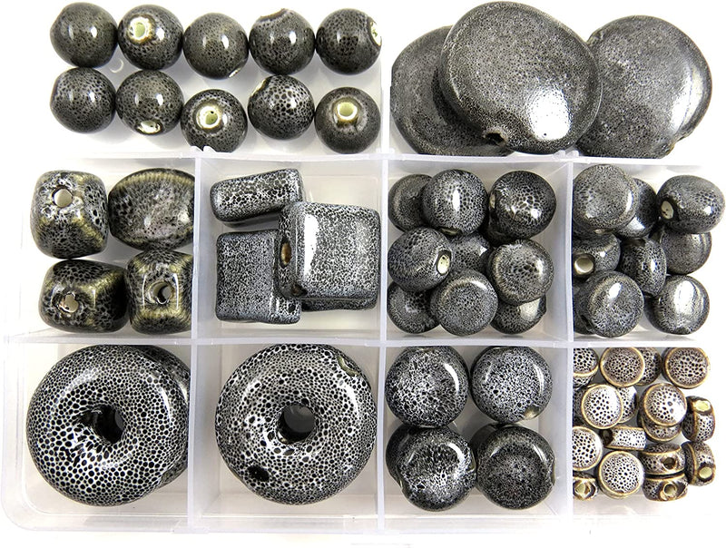 73pcs beads of Antique Ceramic Glaze Porcelain with storage box, 8 styles Size from 6 to 30mm, Black Collection