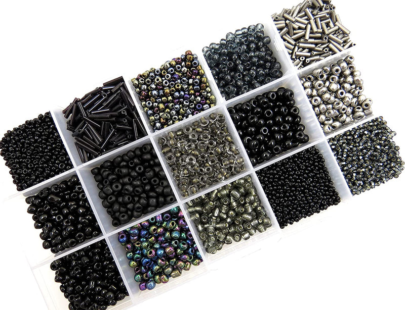 Black Rocaille Beads Collection Box containing sizes #4 to 10, 15 Assorted Colors