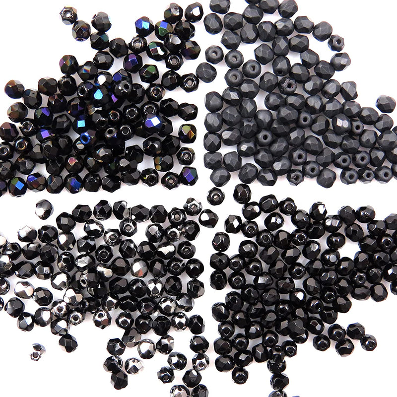 400pcs Czech Fire Polish 4mm beads Crystal faceted, Mix of 4 colors shades of Black