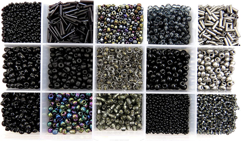 Perles de Rocaille Noir Boîte Collection contenant des formats no4 à 10, 15 Couleurs Assorties