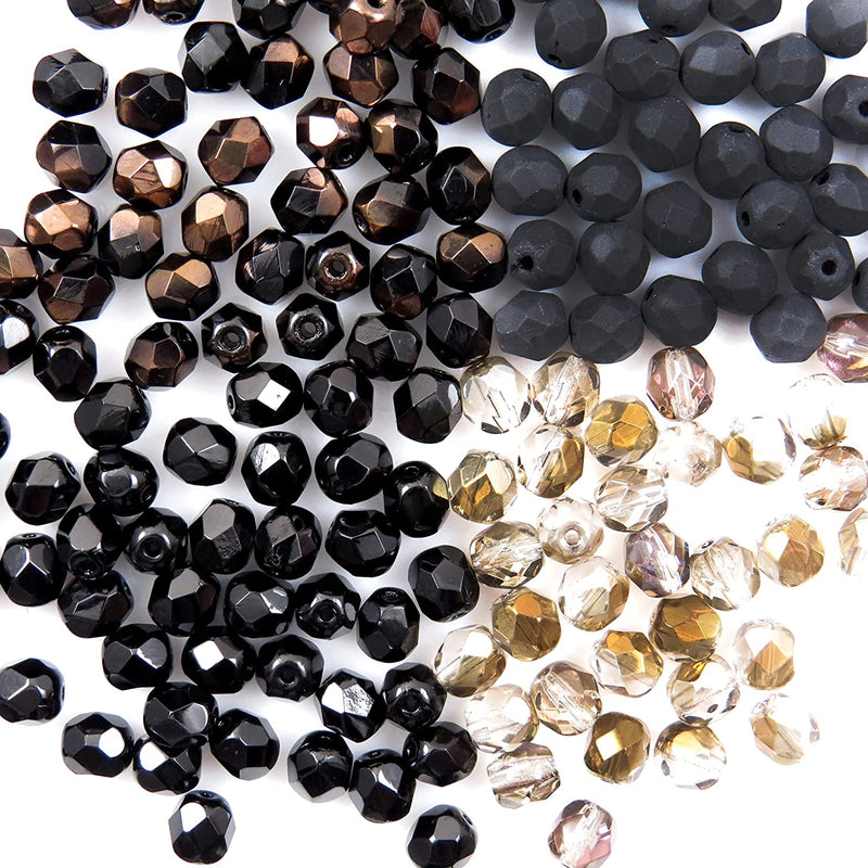 400pcs Czech Fire Polish 6mm beads Crystal faceted, Mix of 4 colors shades of Black