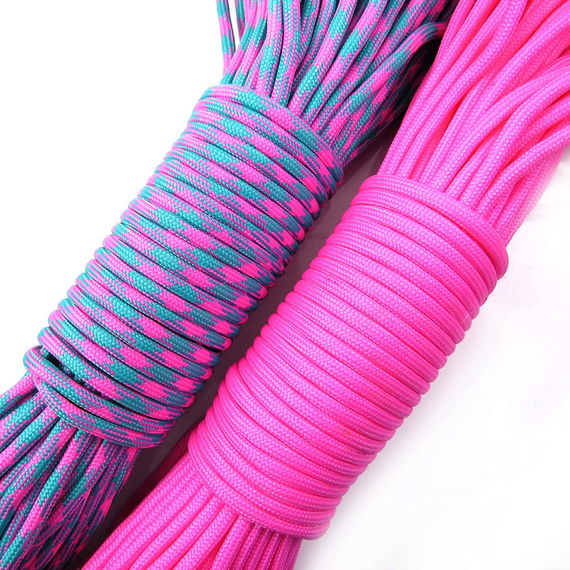 60m Paracord 330lb 7 internal strands, 10 clasps 15mm included, ideal for survival bracelets, 2 colors Neon Pink and Aqua/Pink