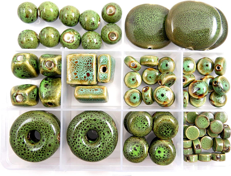 73pcs beads of Antique Ceramic Glaze Porcelain with storage box, 8 styles Size from 6 to 30mm, Green Collection