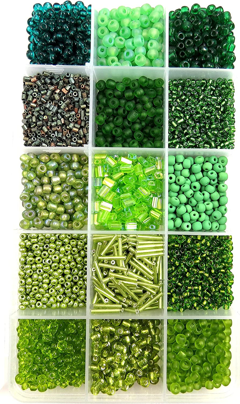 Rocaille Beads Green Collection Box, Size #4 to 10, 15 Assorted Colors