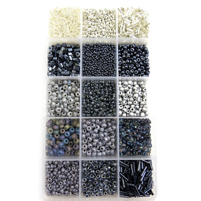 Perles de rocaille Boîte Collection Gris no4 à 10, 15 couleurs assorties