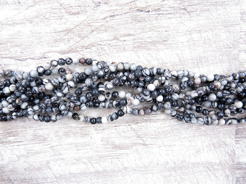 170 billes Black Silk Stone Semi-précieuse 4mm ronde (Black Silk Stone 4mm 2 cordes-170 billes)