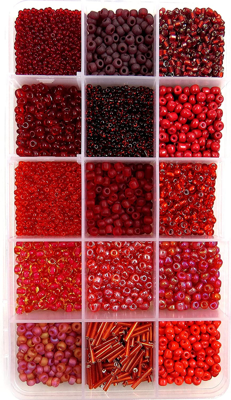 Perles de Rocaille Boîte Collection Rouge, Format no4 à 10, 15 Couleurs Assorties
