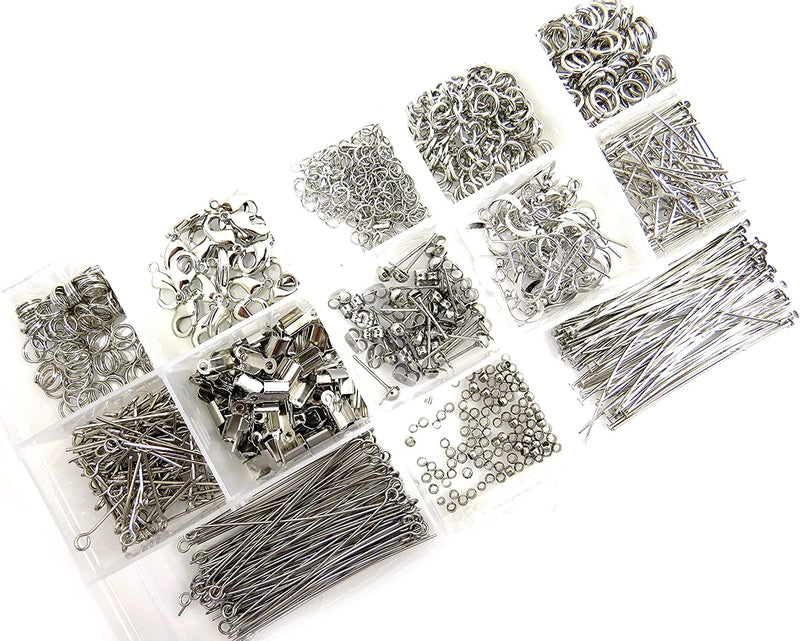 Box Collection of Nickel plated components, 805 pieces in 13 different styles, everything needed for jewelry making