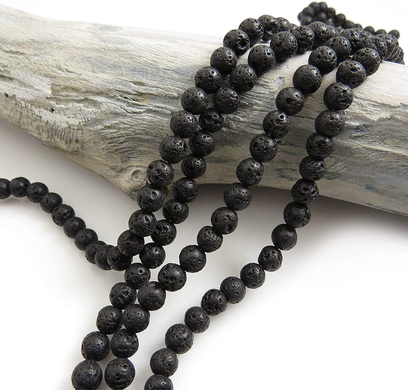4 strings Lava Stone 6mm beads round, Black natural volcanic stone
