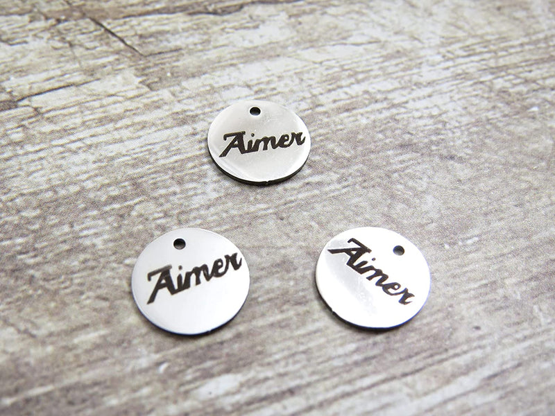 12 pcs Stainless Steel "Aimer" Flat Round Charm Pendant 12mm