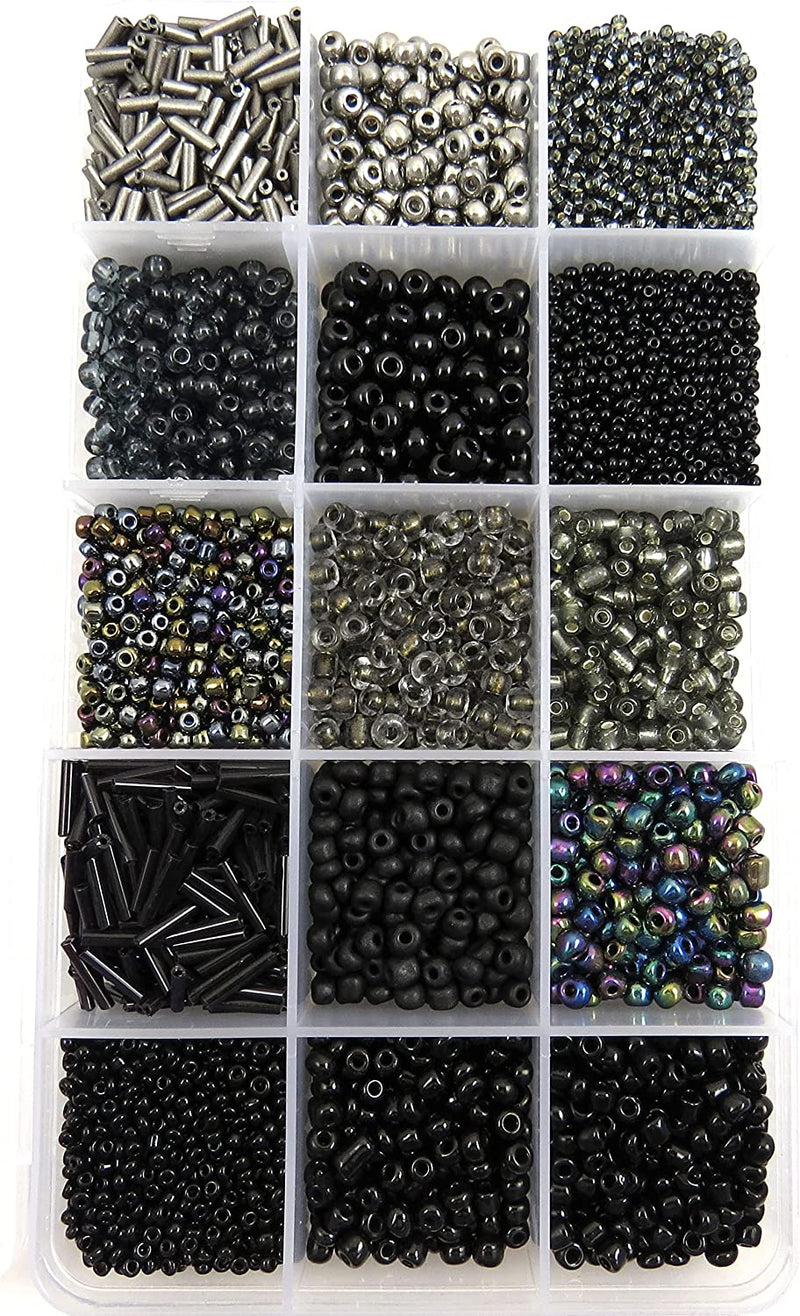 Black Rocaille Beads Collection Box containing sizes #4 to 10, 15 Assorted Colors