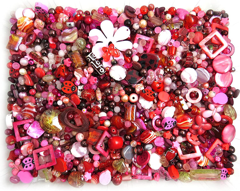 1kg Billes en vrac variées, verres, bois, acrylique, cristal,... Formats assortis, Mix rouge et rose