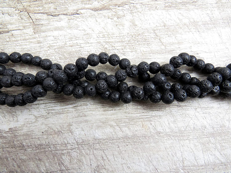4 strings Lava Stone 6mm beads round, Black natural volcanic stone