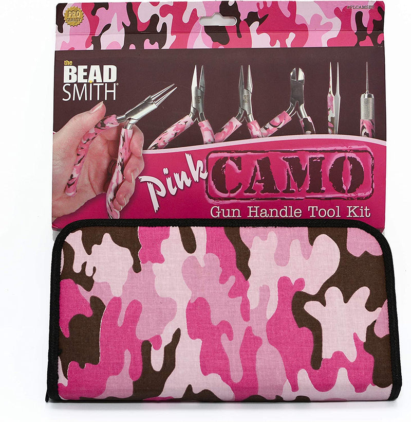 Ensemble d'outils Pink Camouflage de Beadsmith avec poignées conforts courbées. Le coffret de rangement contien 4 pinces, 1 alésoir et un pincette.