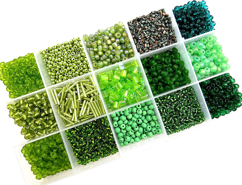 Perles de Rocaille Boîte Collection Vert, Format no4 à 10, 15 Couleurs Assorties