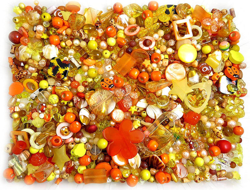 1kg beads bulk various, glass, wood, acrylic, crystal,... Assorted sizes, yellow-orange mix