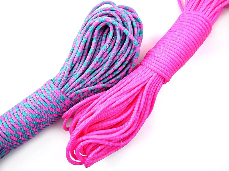60m Paracord 330lb 7 internal strands, 10 clasps 15mm included, ideal for survival bracelets, 2 colors Neon Pink and Aqua/Pink