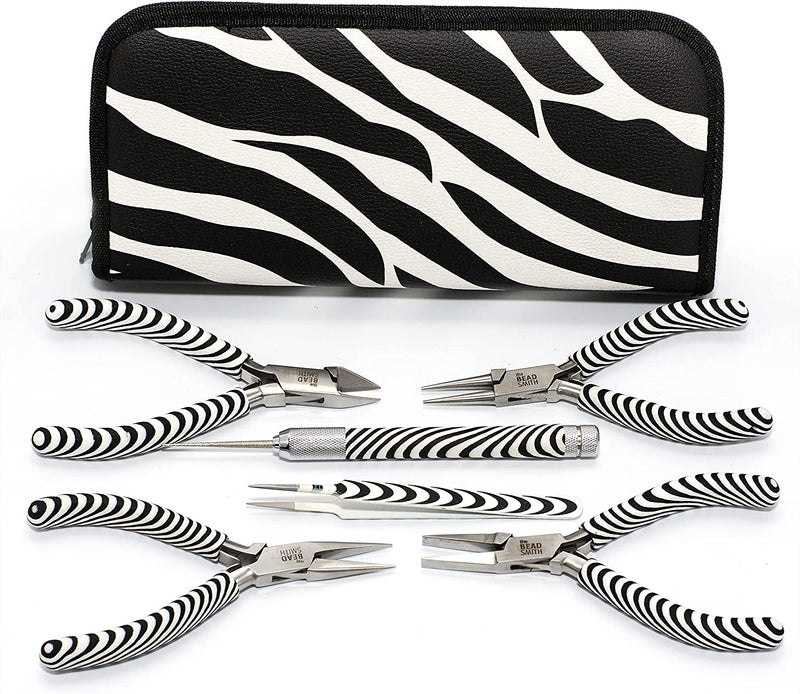Beadsmith 6-piece Zebra tool set, pliers and tools with storage box