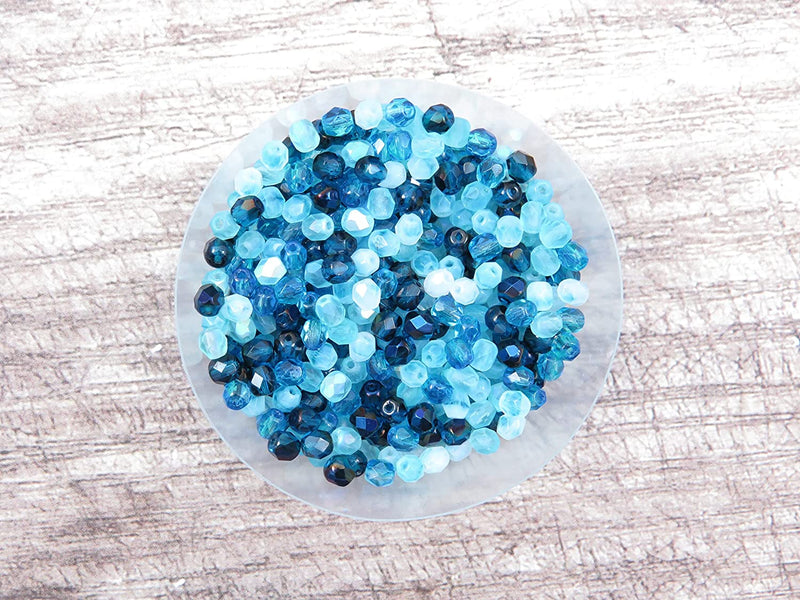 400pcs Czech Fire Polish 4mm beads Crystal faceted, Mix of 4 colors shades of Capri