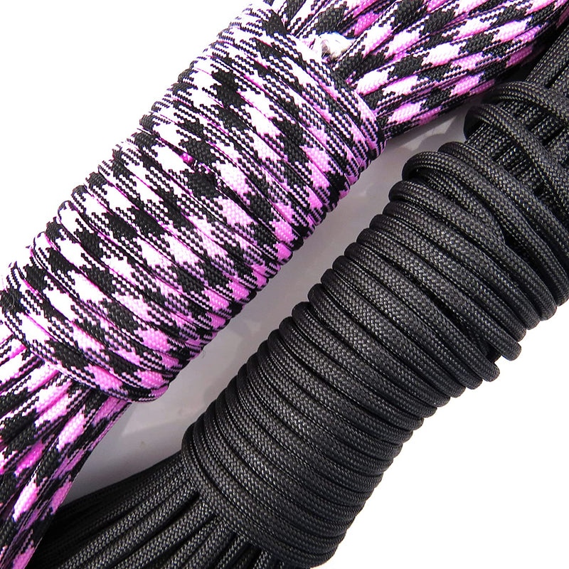 60m Paracord 330lb 7 internal strands, 10 clasps 15mm included, perfect for survival bracelets, 2 colors Black and Rose/Black
