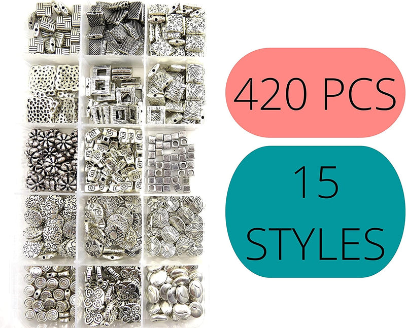 420 pcs Boîte Collection de billes en métal plaquées couleur, plusieurs de formes carrées, 15 Styles