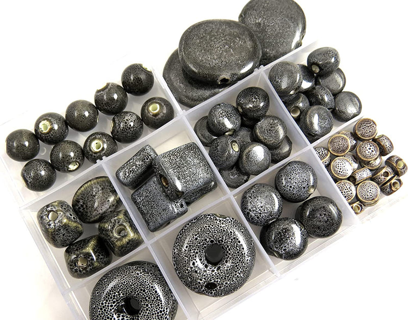 73pcs beads of Antique Ceramic Glaze Porcelain with storage box, 8 styles Size from 6 to 30mm, Black Collection