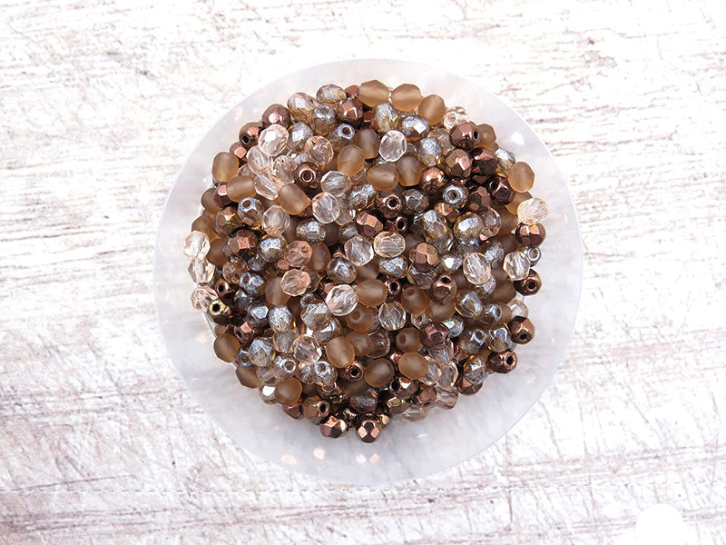 400pcs Czech Fire Polish 4mm beads Crystal faceted, Mix of 4 colors shades of Brown