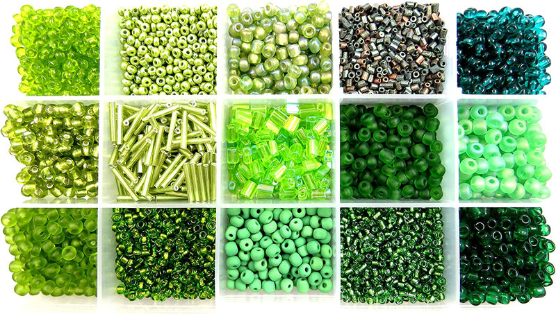 Rocaille Beads Green Collection Box, Size #4 to 10, 15 Assorted Colors